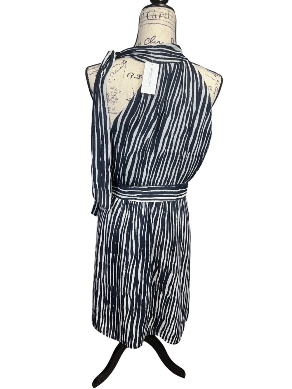 Striped Halter Tie Neck Dress With Belted Waist - Black & White - Size S - New W - Picture 3 of 10